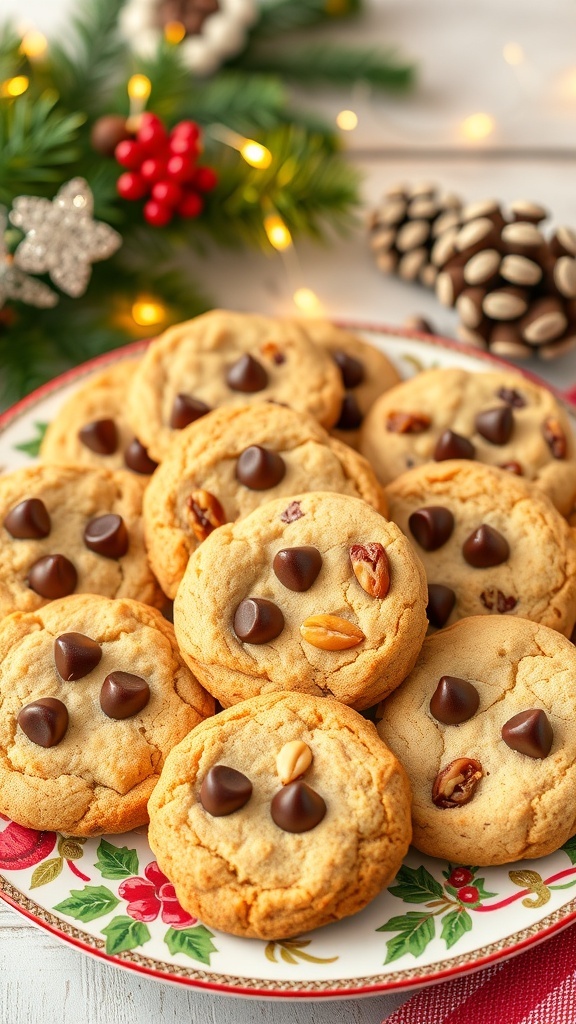 A plate of healthy Christmas cookies with chocolate chips and dried fruits, surrounded by festive decorations.